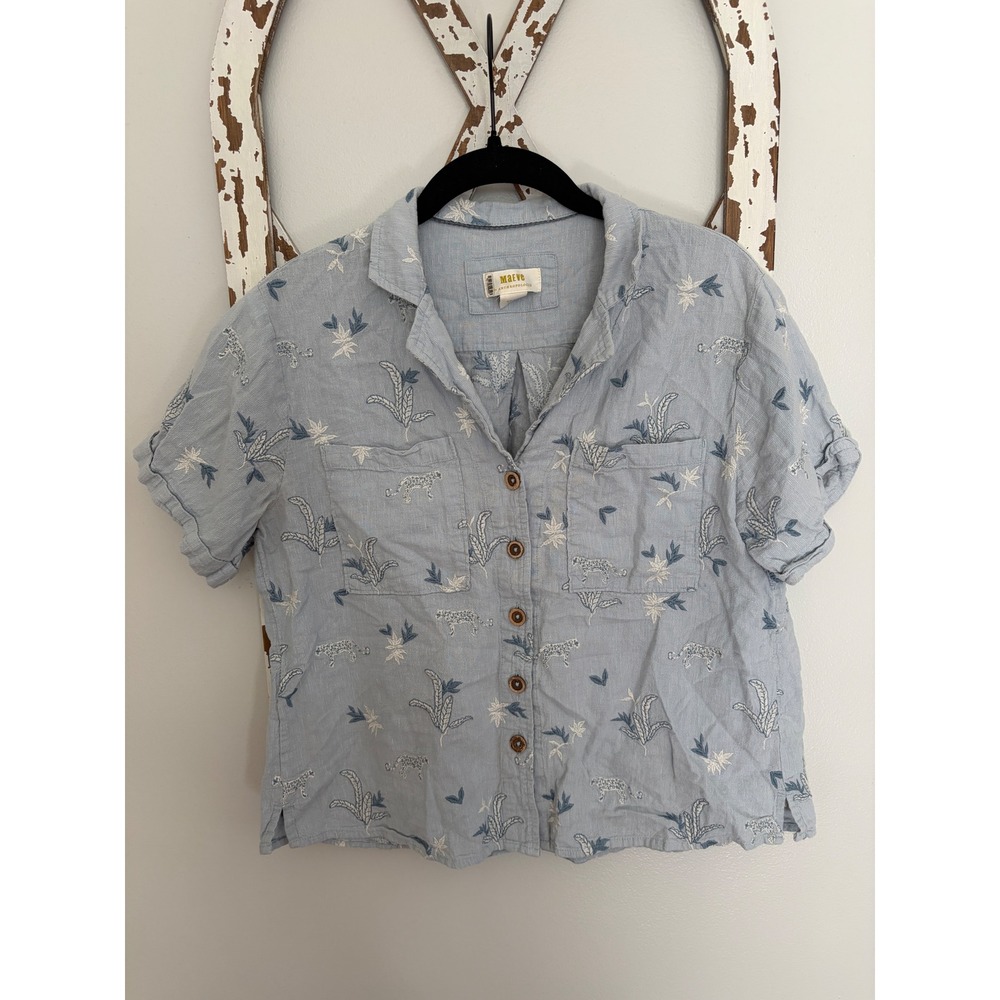Anthropologie Maeve Embroidered Surf Buttondown Tropical Blue Size Small